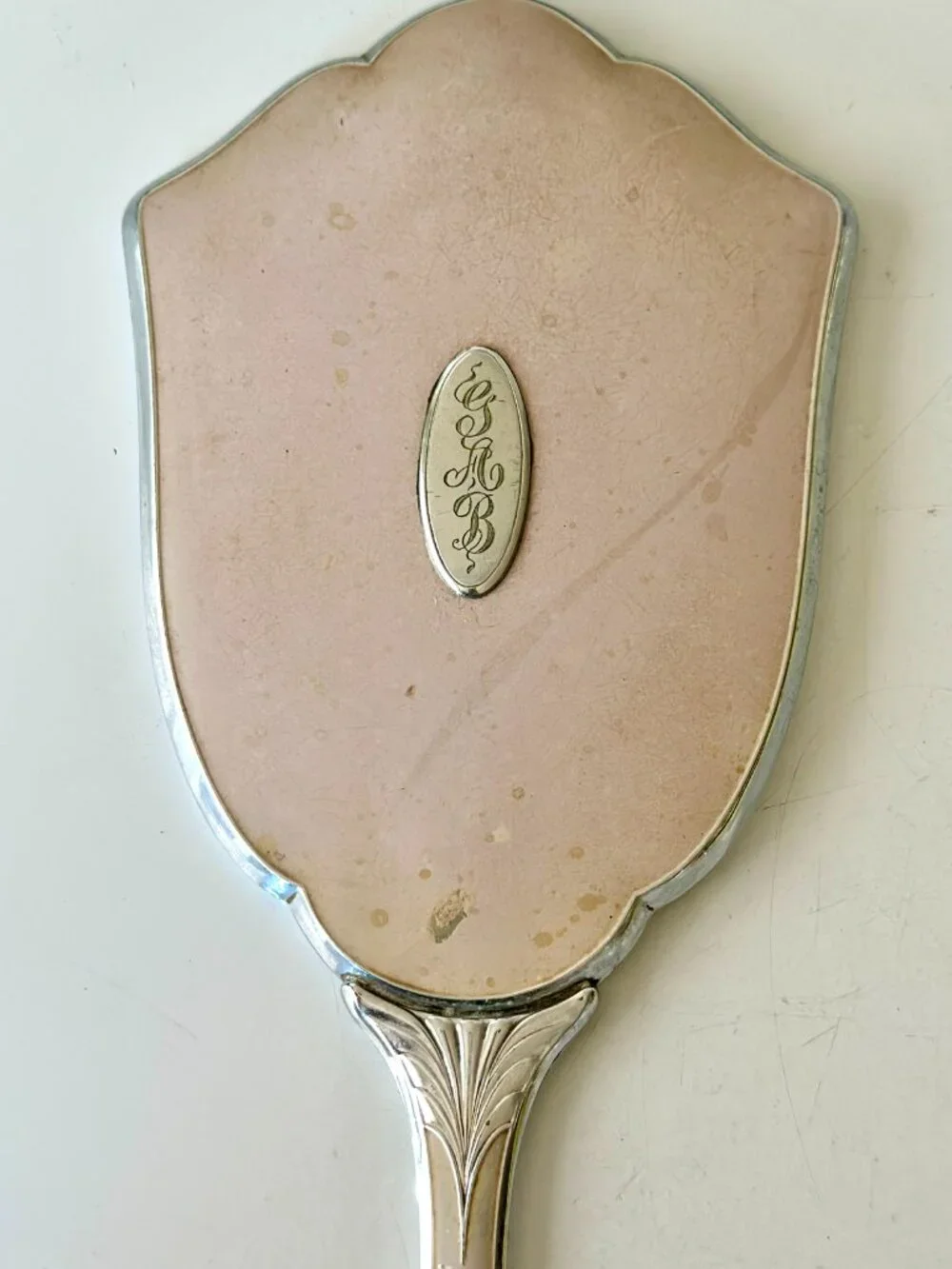 Vintage EVANS Pink Vanity Hand Mirror Art Deco Silver Plate